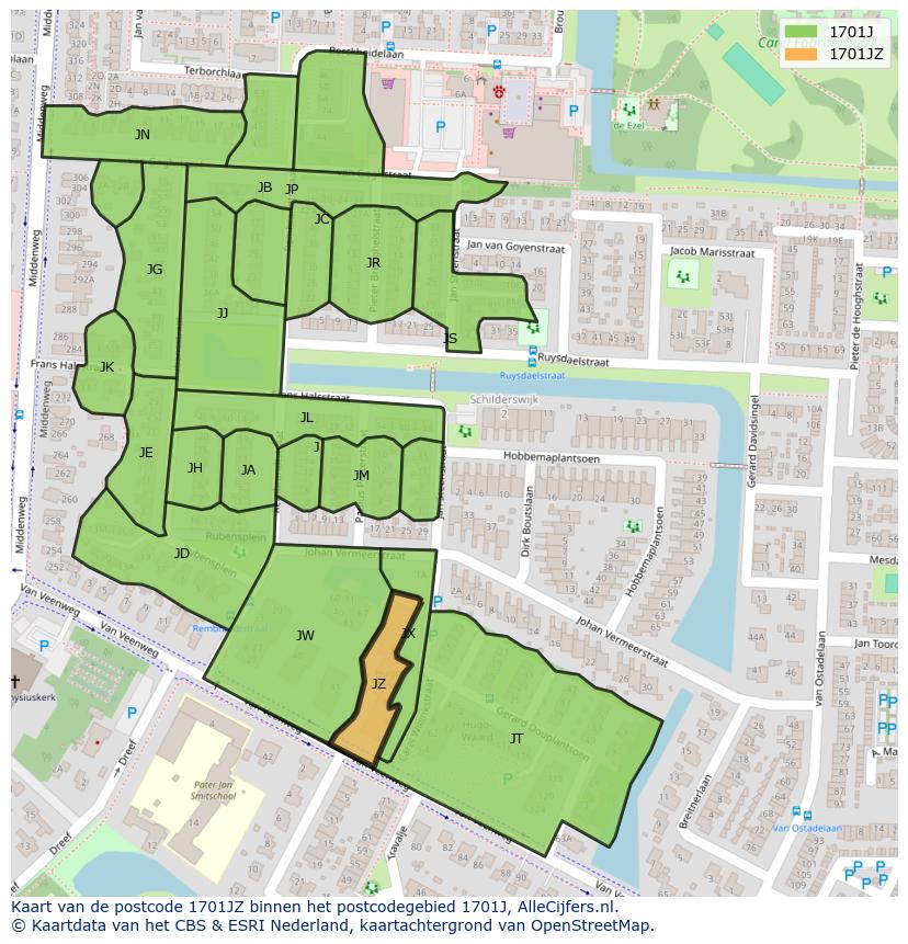 Afbeelding van het postcodegebied 1701 JZ op de kaart.