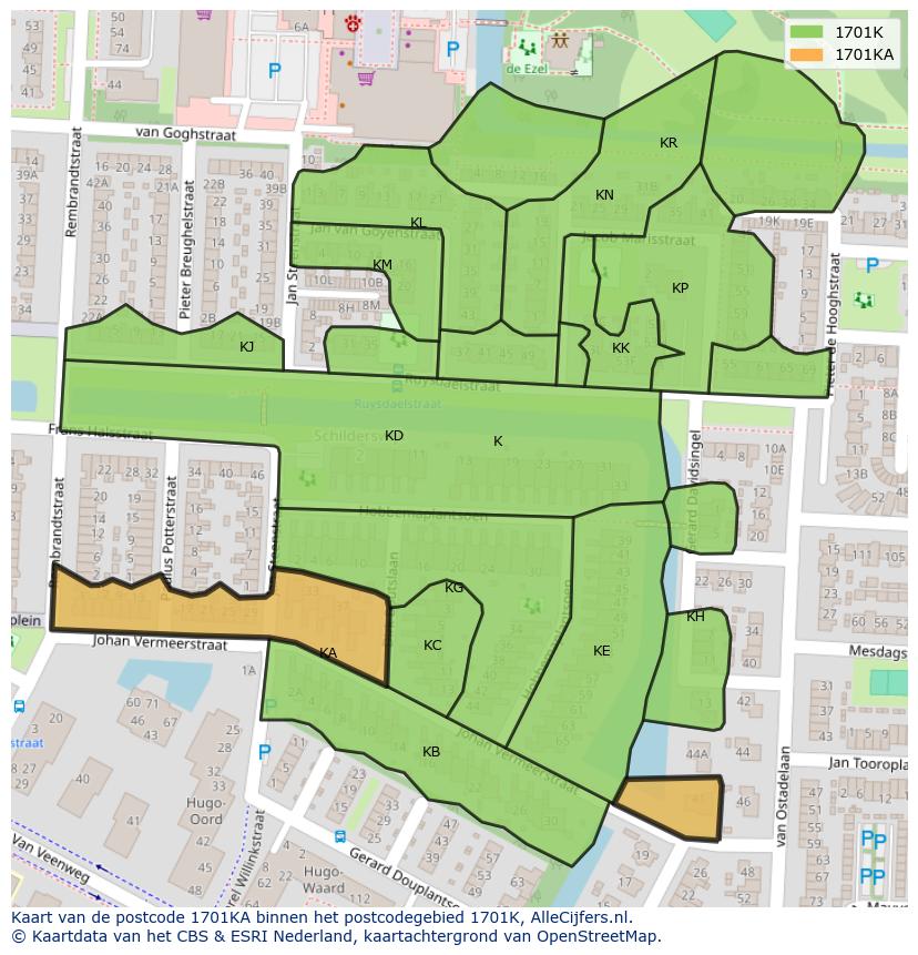 Afbeelding van het postcodegebied 1701 KA op de kaart.