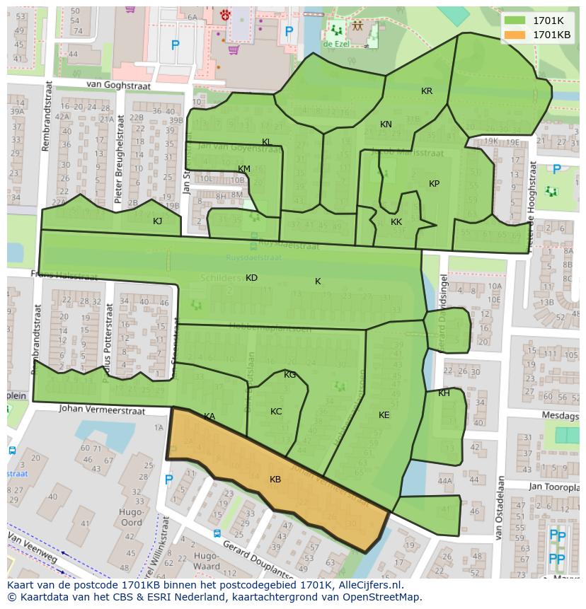Afbeelding van het postcodegebied 1701 KB op de kaart.