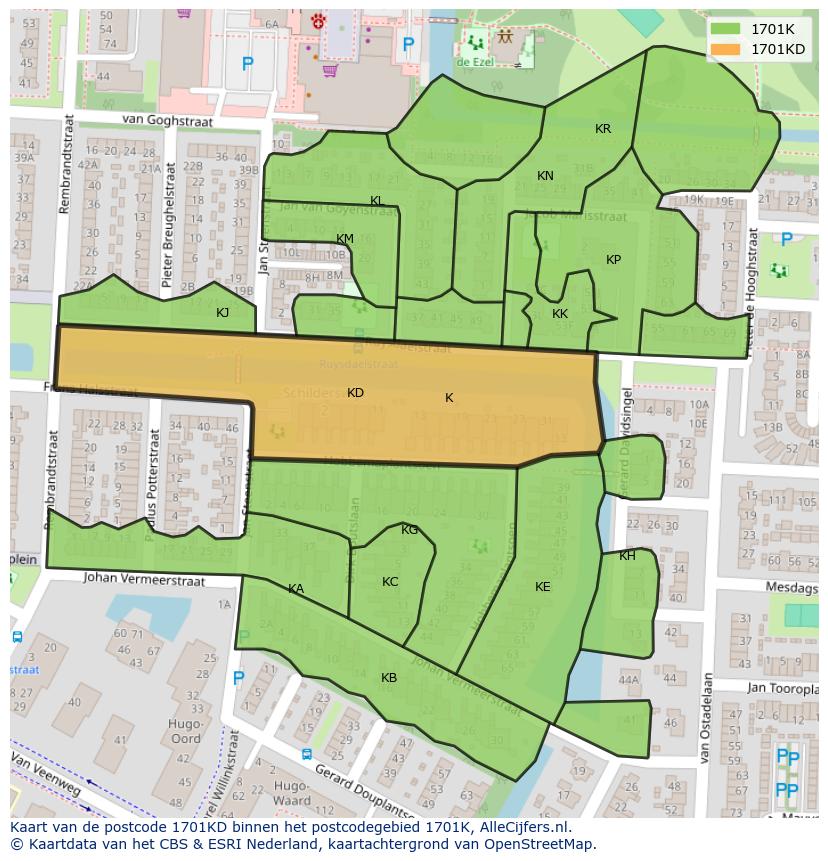 Afbeelding van het postcodegebied 1701 KD op de kaart.