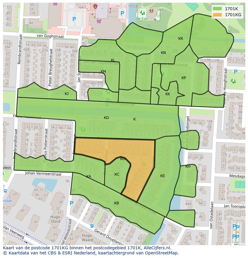 Afbeelding van het postcodegebied 1701 KG op de kaart.