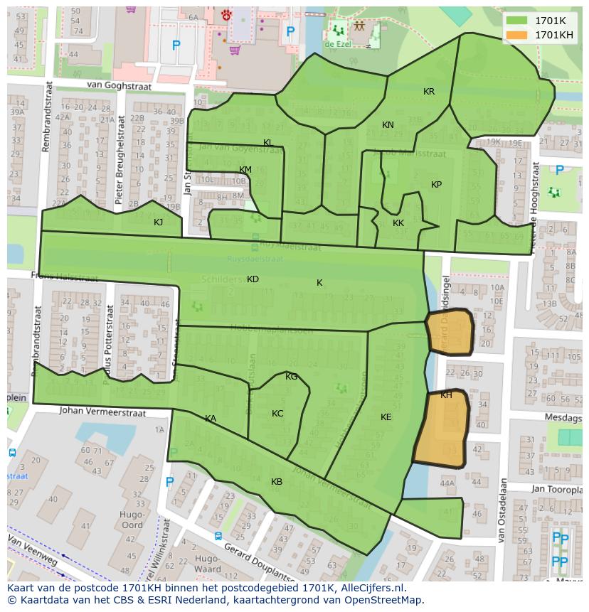 Afbeelding van het postcodegebied 1701 KH op de kaart.