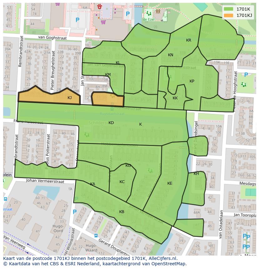 Afbeelding van het postcodegebied 1701 KJ op de kaart.