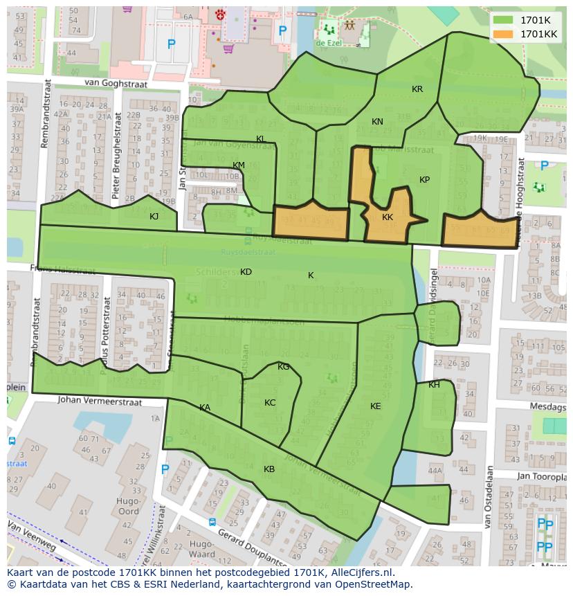 Afbeelding van het postcodegebied 1701 KK op de kaart.