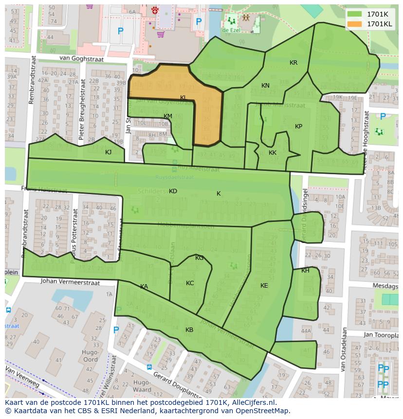 Afbeelding van het postcodegebied 1701 KL op de kaart.