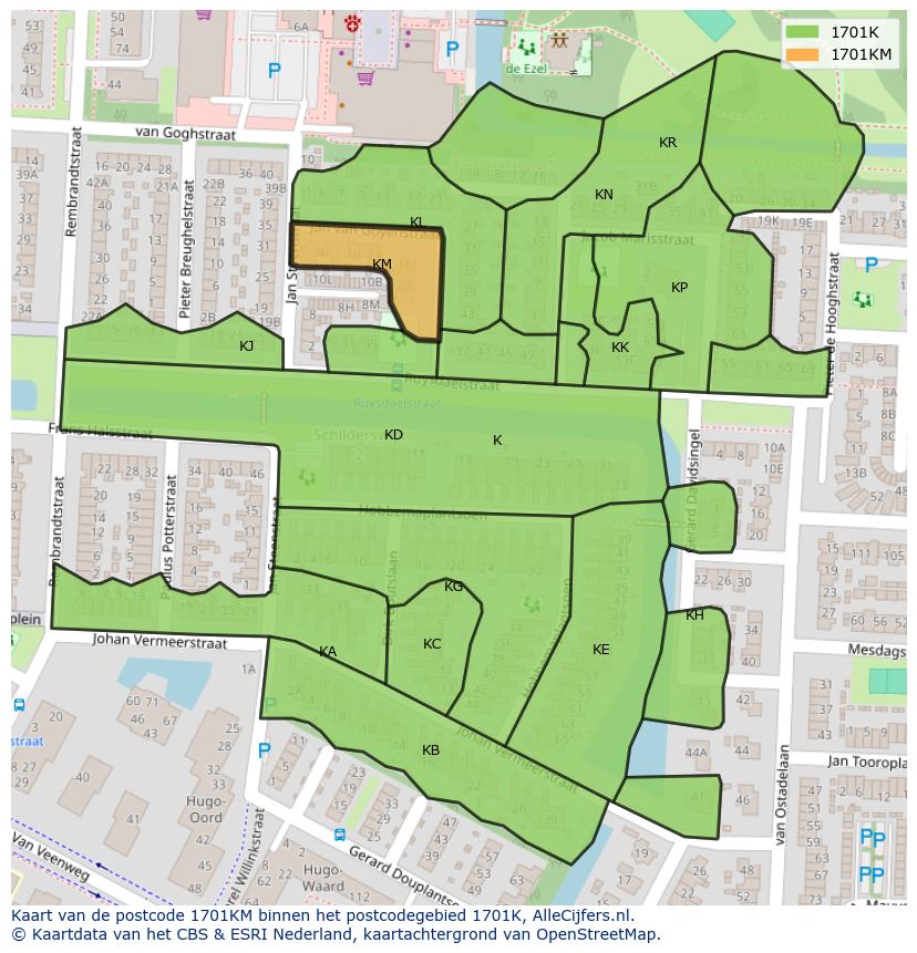 Afbeelding van het postcodegebied 1701 KM op de kaart.