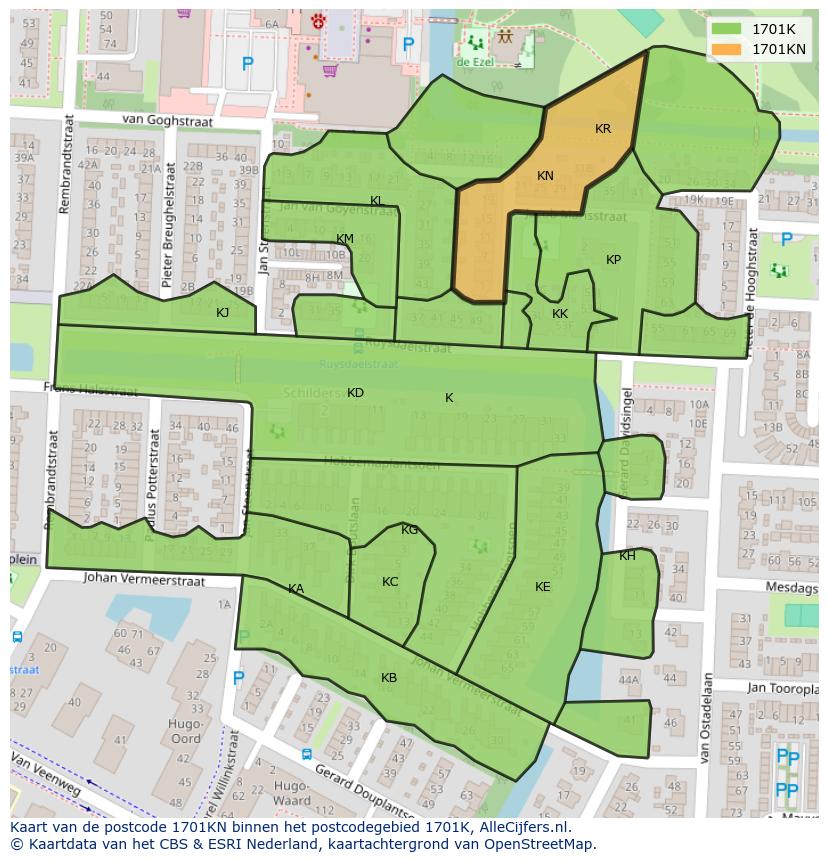 Afbeelding van het postcodegebied 1701 KN op de kaart.