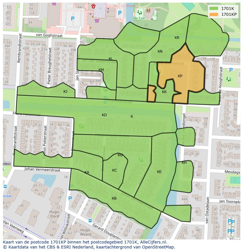 Afbeelding van het postcodegebied 1701 KP op de kaart.