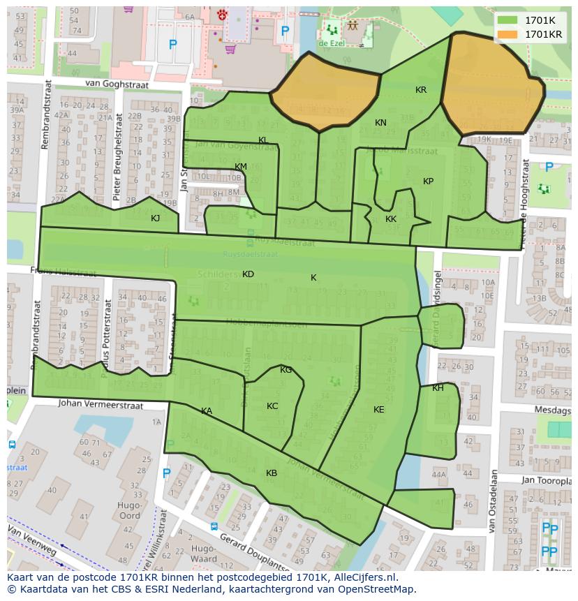 Afbeelding van het postcodegebied 1701 KR op de kaart.