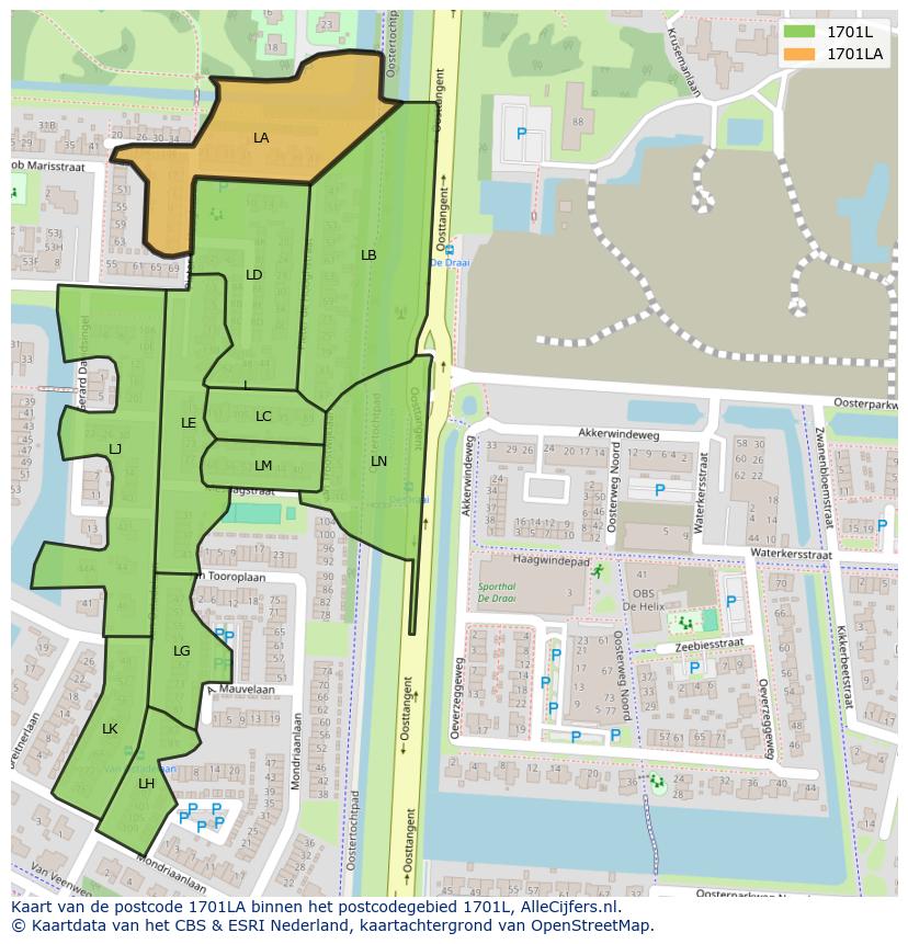 Afbeelding van het postcodegebied 1701 LA op de kaart.