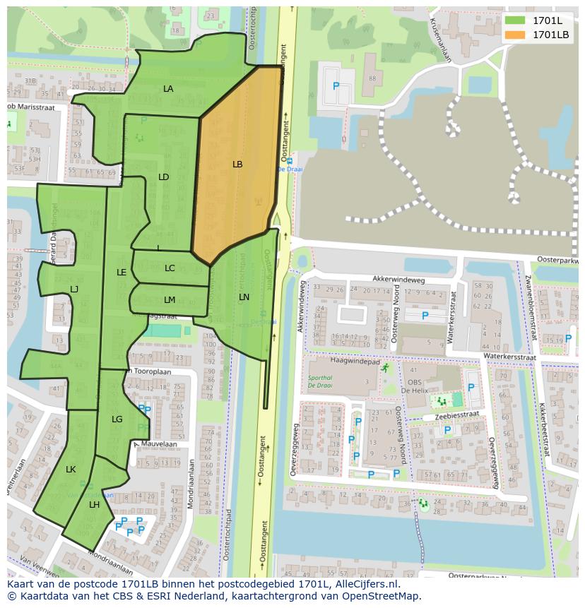Afbeelding van het postcodegebied 1701 LB op de kaart.