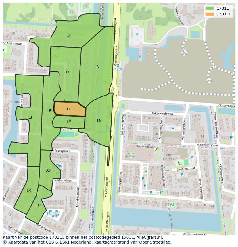 Afbeelding van het postcodegebied 1701 LC op de kaart.
