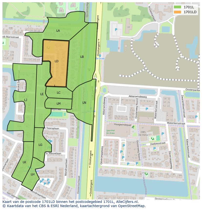 Afbeelding van het postcodegebied 1701 LD op de kaart.