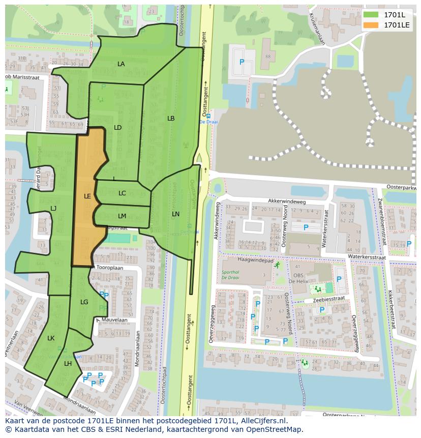 Afbeelding van het postcodegebied 1701 LE op de kaart.