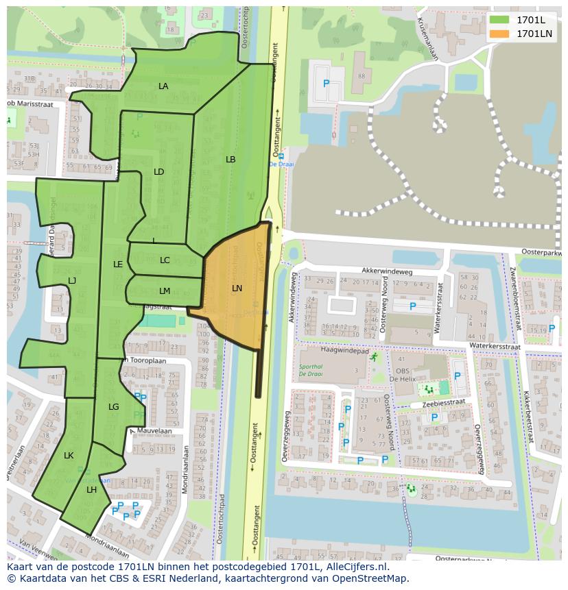 Afbeelding van het postcodegebied 1701 LN op de kaart.