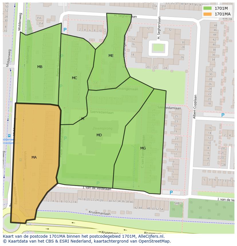 Afbeelding van het postcodegebied 1701 MA op de kaart.