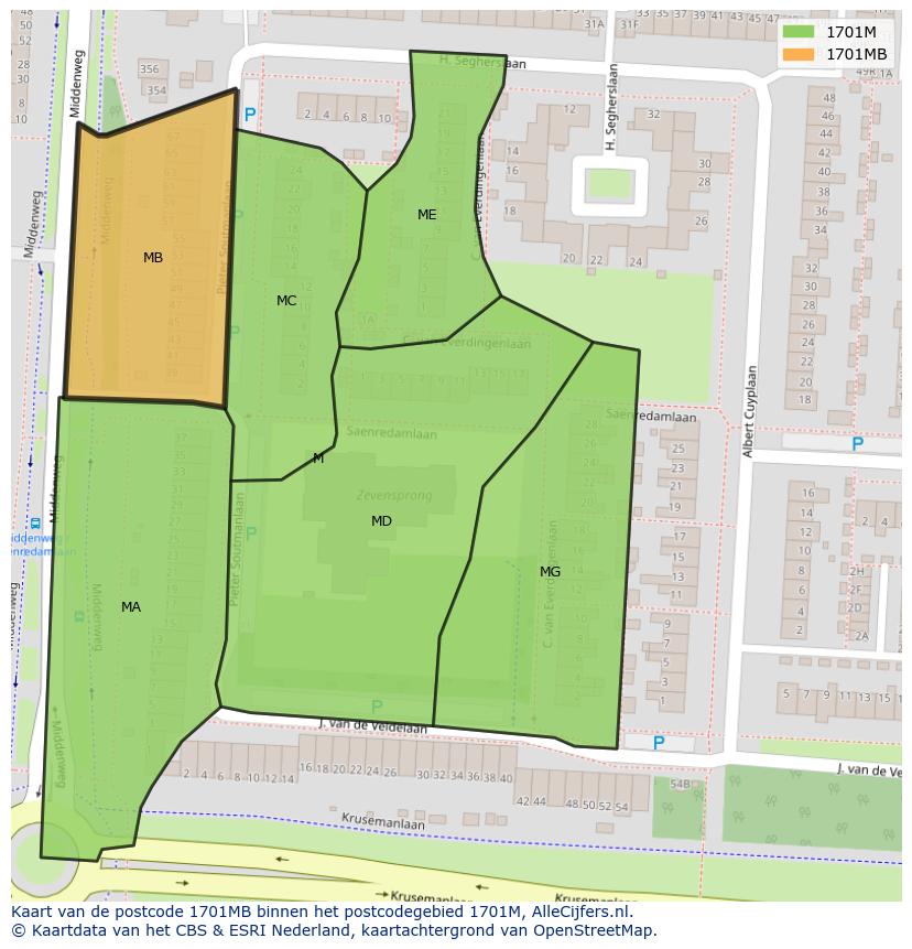 Afbeelding van het postcodegebied 1701 MB op de kaart.