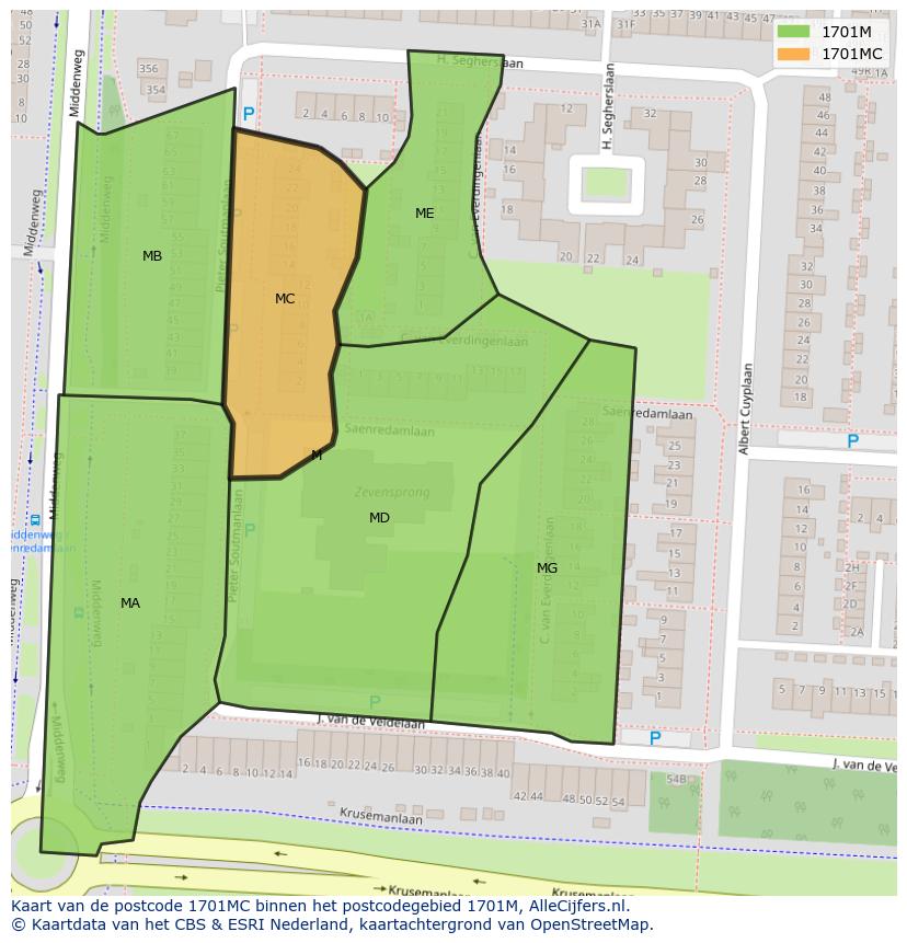 Afbeelding van het postcodegebied 1701 MC op de kaart.
