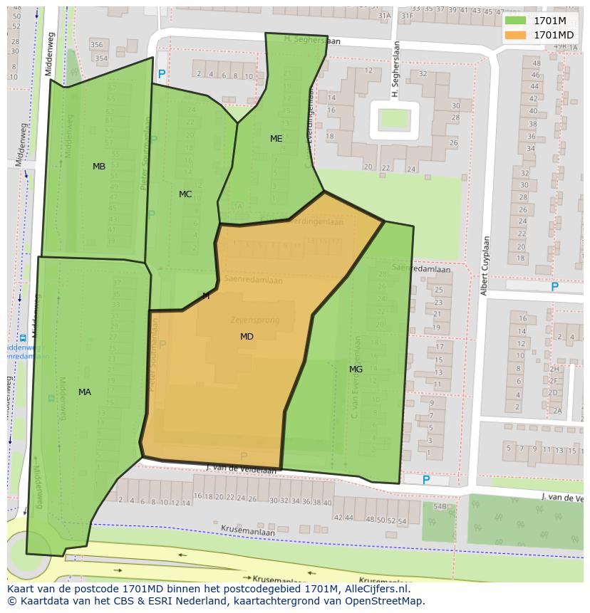 Afbeelding van het postcodegebied 1701 MD op de kaart.