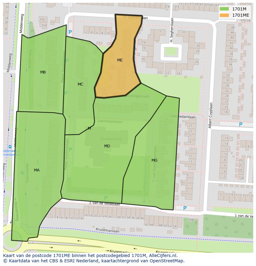 Afbeelding van het postcodegebied 1701 ME op de kaart.
