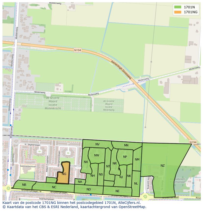 Afbeelding van het postcodegebied 1701 NG op de kaart.