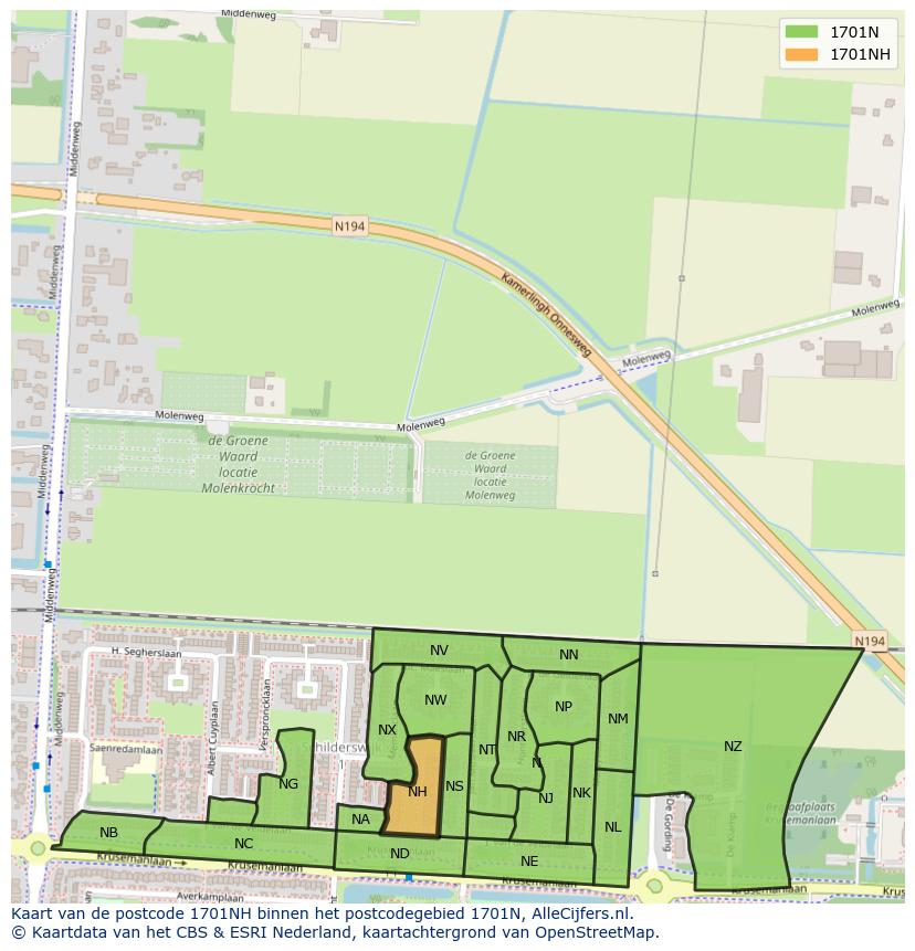 Afbeelding van het postcodegebied 1701 NH op de kaart.