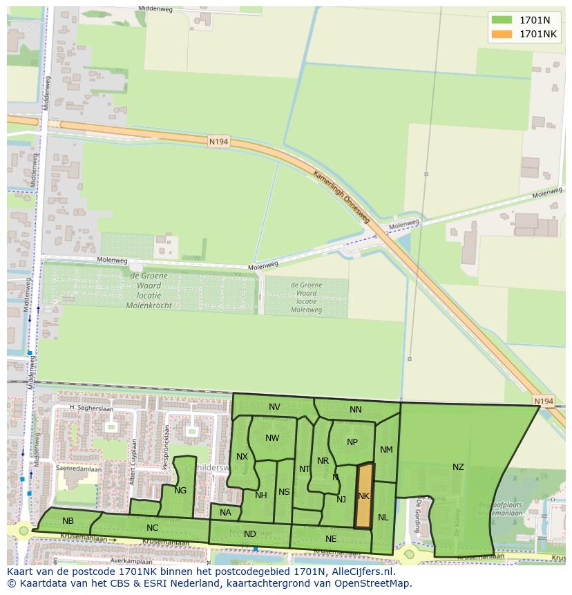 Afbeelding van het postcodegebied 1701 NK op de kaart.
