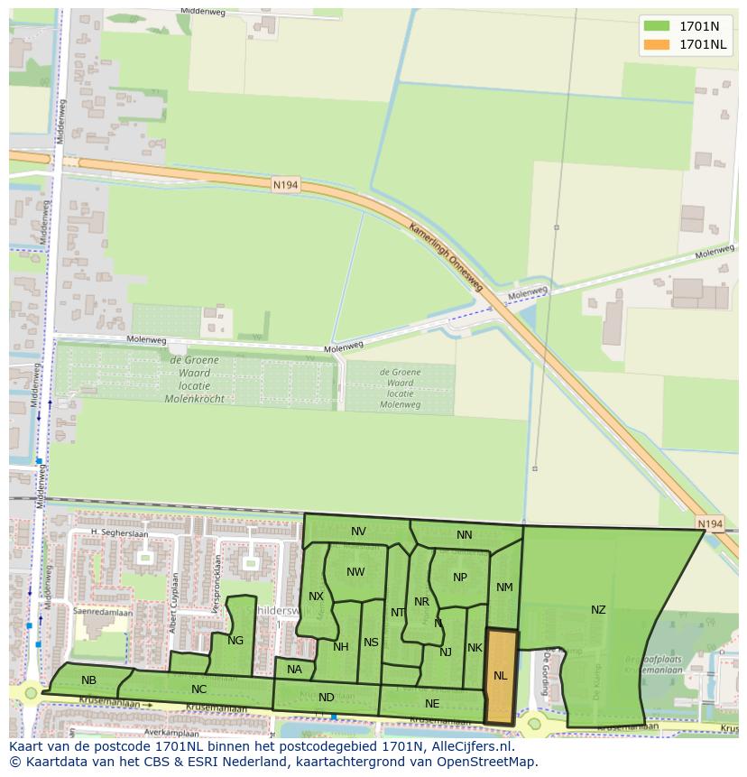 Afbeelding van het postcodegebied 1701 NL op de kaart.