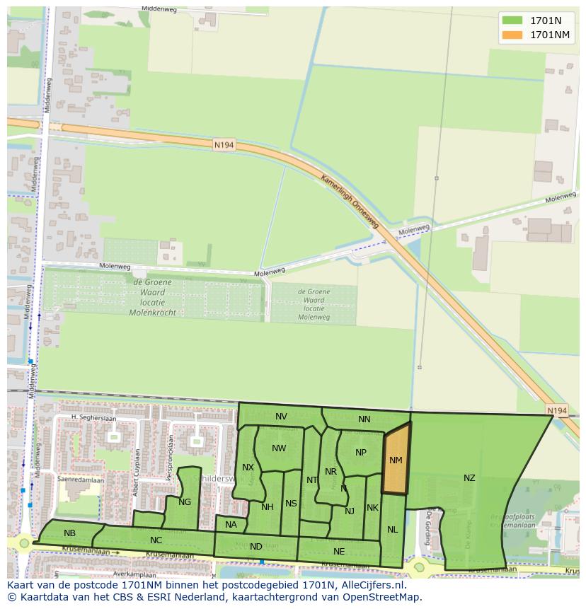 Afbeelding van het postcodegebied 1701 NM op de kaart.