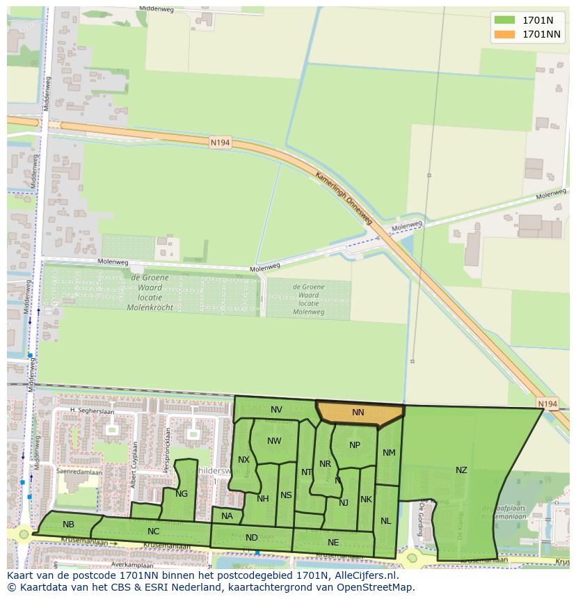 Afbeelding van het postcodegebied 1701 NN op de kaart.