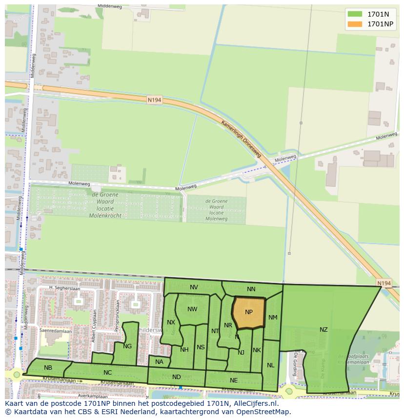 Afbeelding van het postcodegebied 1701 NP op de kaart.