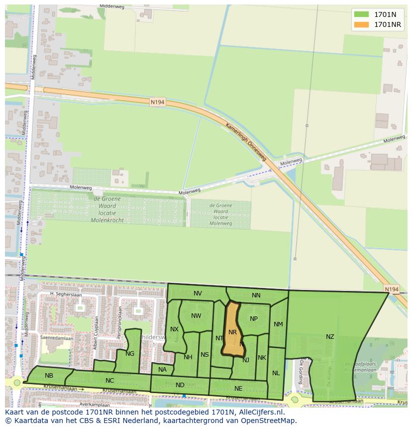 Afbeelding van het postcodegebied 1701 NR op de kaart.
