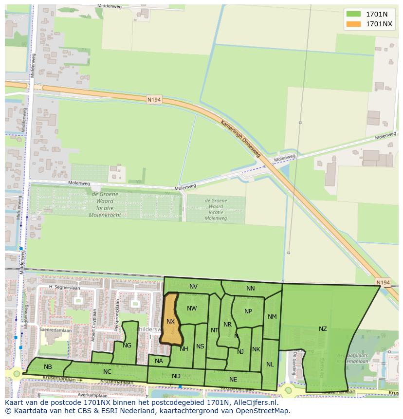Afbeelding van het postcodegebied 1701 NX op de kaart.