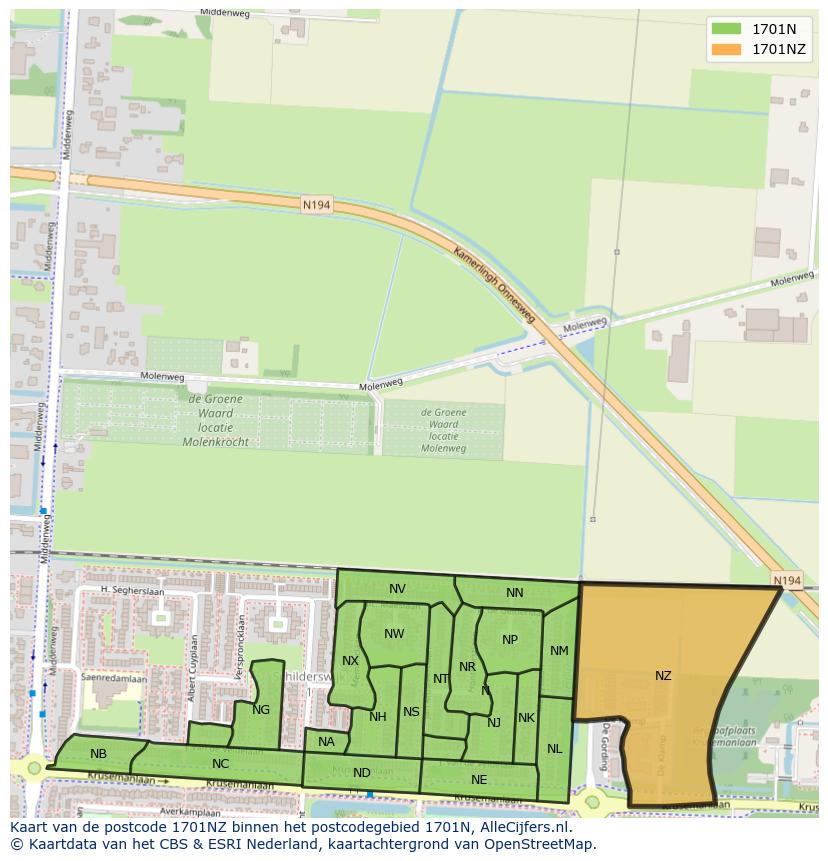Afbeelding van het postcodegebied 1701 NZ op de kaart.