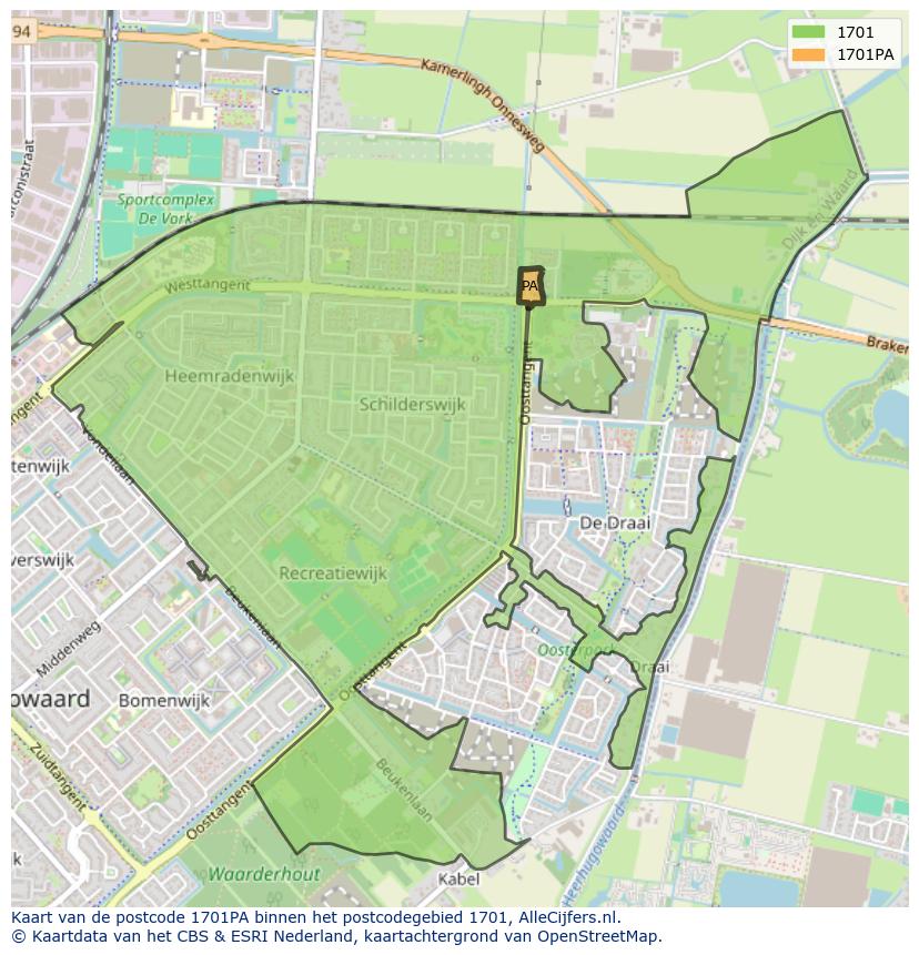 Afbeelding van het postcodegebied 1701 PA op de kaart.