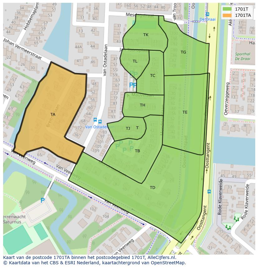 Afbeelding van het postcodegebied 1701 TA op de kaart.
