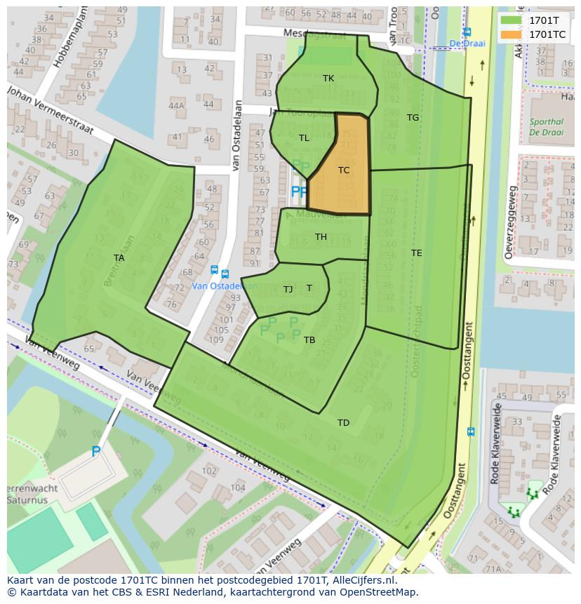 Afbeelding van het postcodegebied 1701 TC op de kaart.