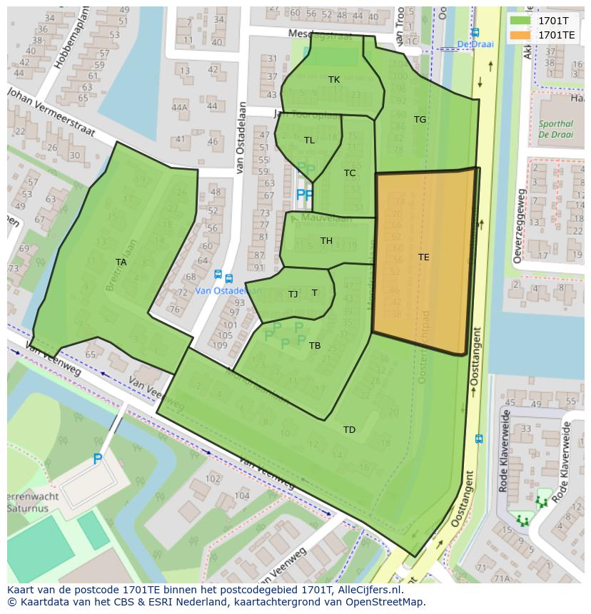Afbeelding van het postcodegebied 1701 TE op de kaart.