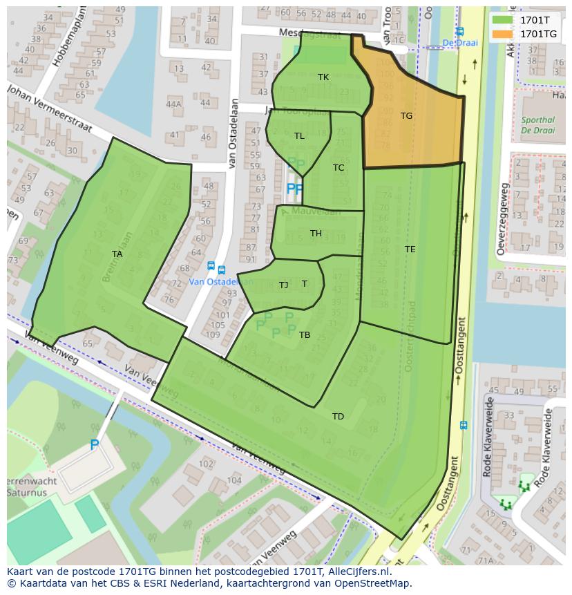 Afbeelding van het postcodegebied 1701 TG op de kaart.