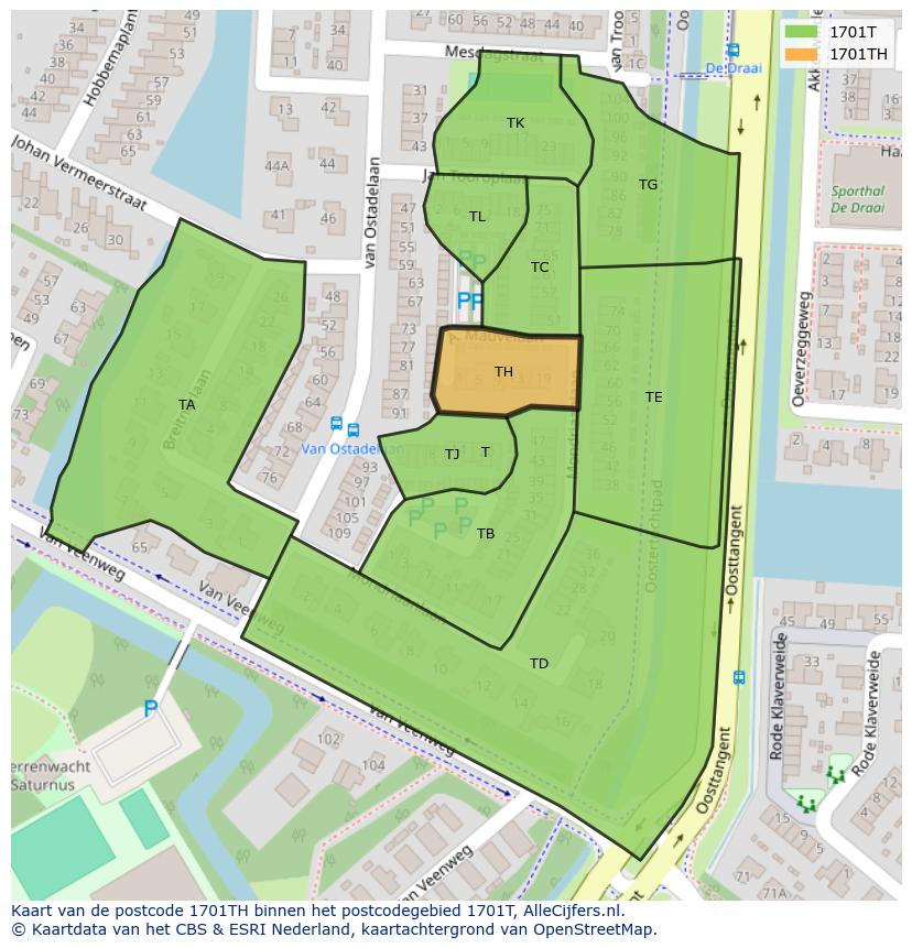 Afbeelding van het postcodegebied 1701 TH op de kaart.