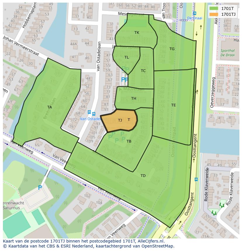 Afbeelding van het postcodegebied 1701 TJ op de kaart.