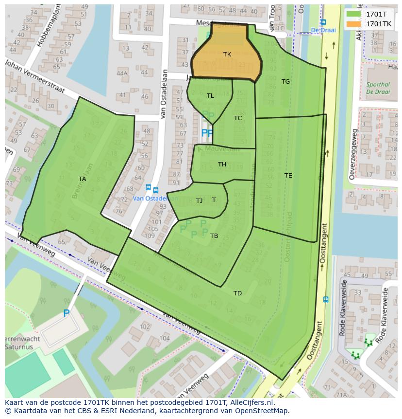 Afbeelding van het postcodegebied 1701 TK op de kaart.