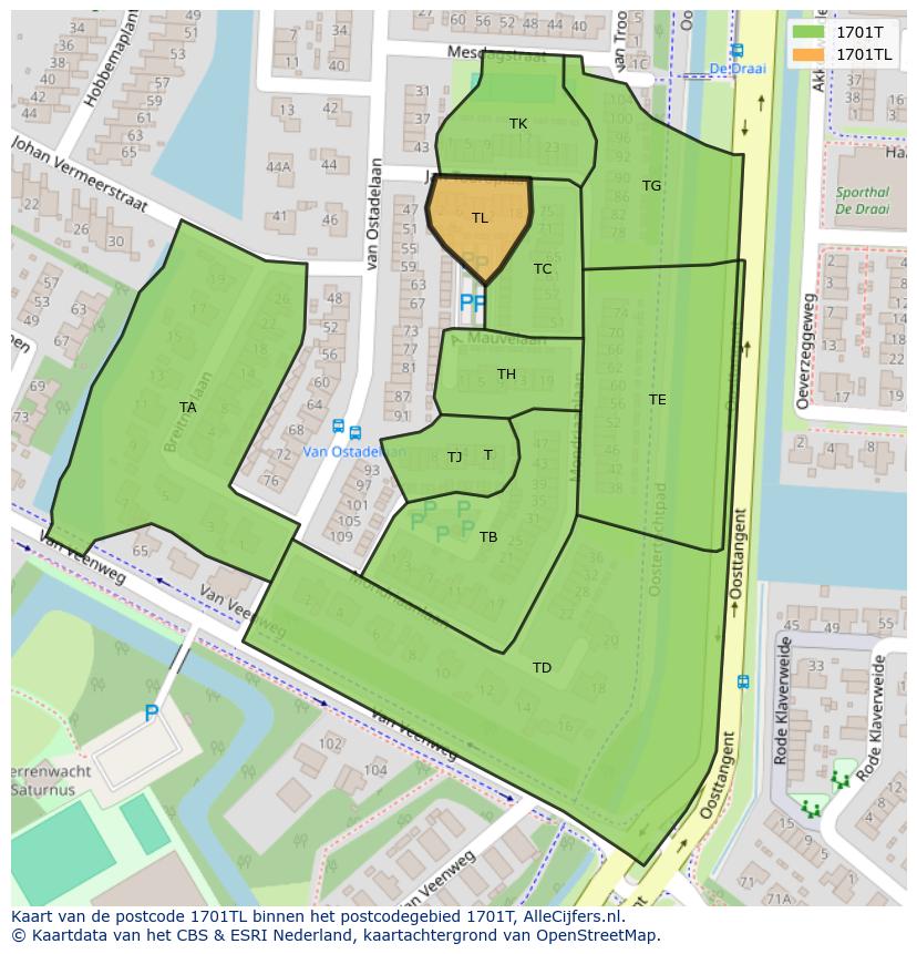 Afbeelding van het postcodegebied 1701 TL op de kaart.