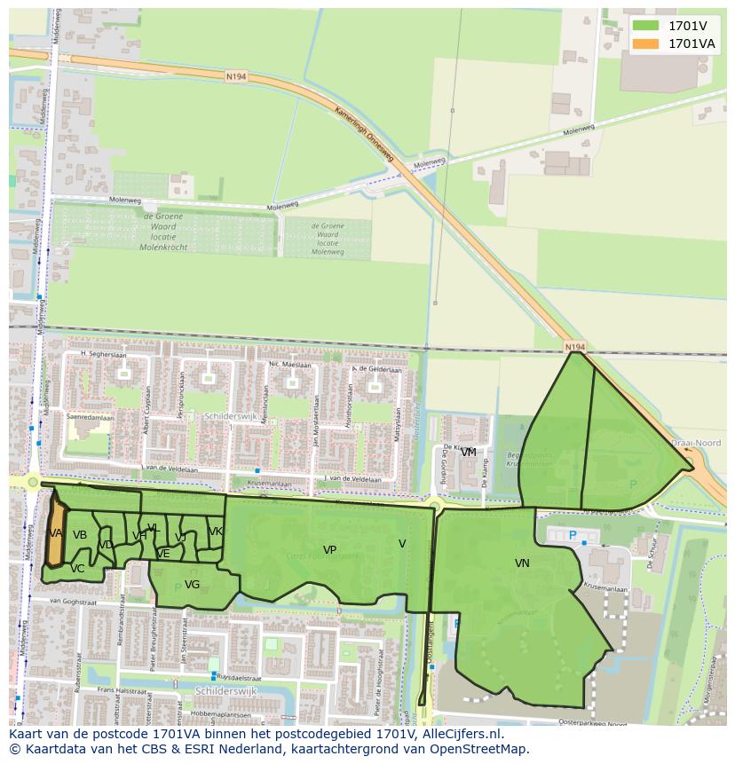 Afbeelding van het postcodegebied 1701 VA op de kaart.