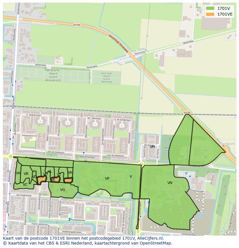 Afbeelding van het postcodegebied 1701 VE op de kaart.
