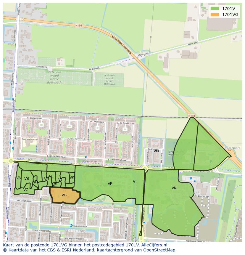 Afbeelding van het postcodegebied 1701 VG op de kaart.
