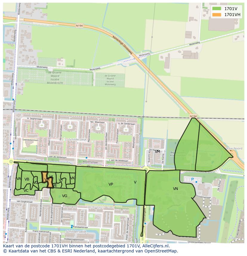 Afbeelding van het postcodegebied 1701 VH op de kaart.