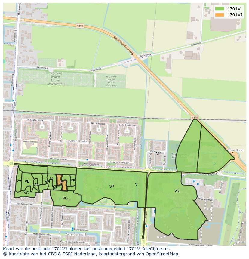 Afbeelding van het postcodegebied 1701 VJ op de kaart.