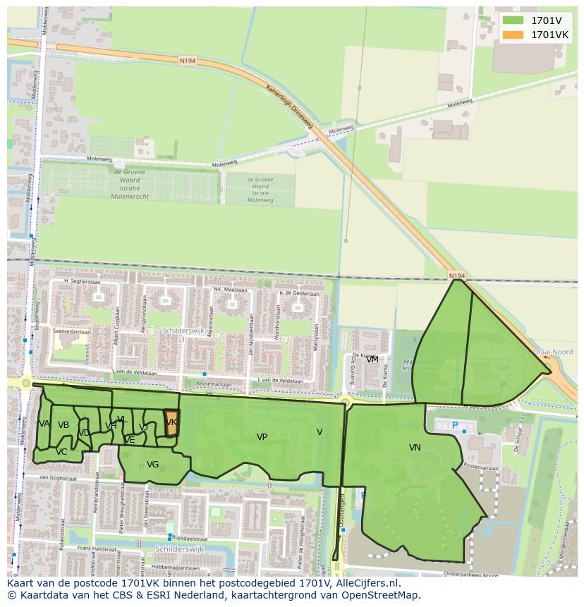 Afbeelding van het postcodegebied 1701 VK op de kaart.