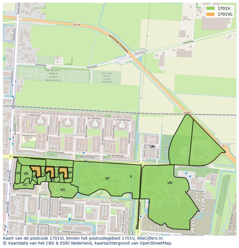 Afbeelding van het postcodegebied 1701 VL op de kaart.